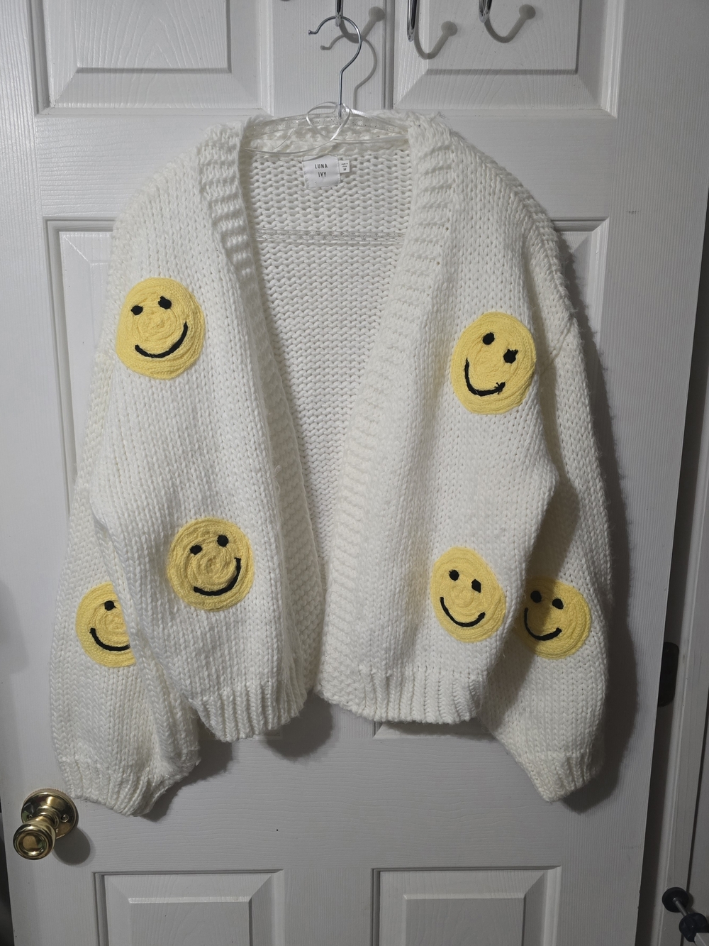 Luna Ivy Cream Open-Front Cardigan with Yellow Smiley Patches